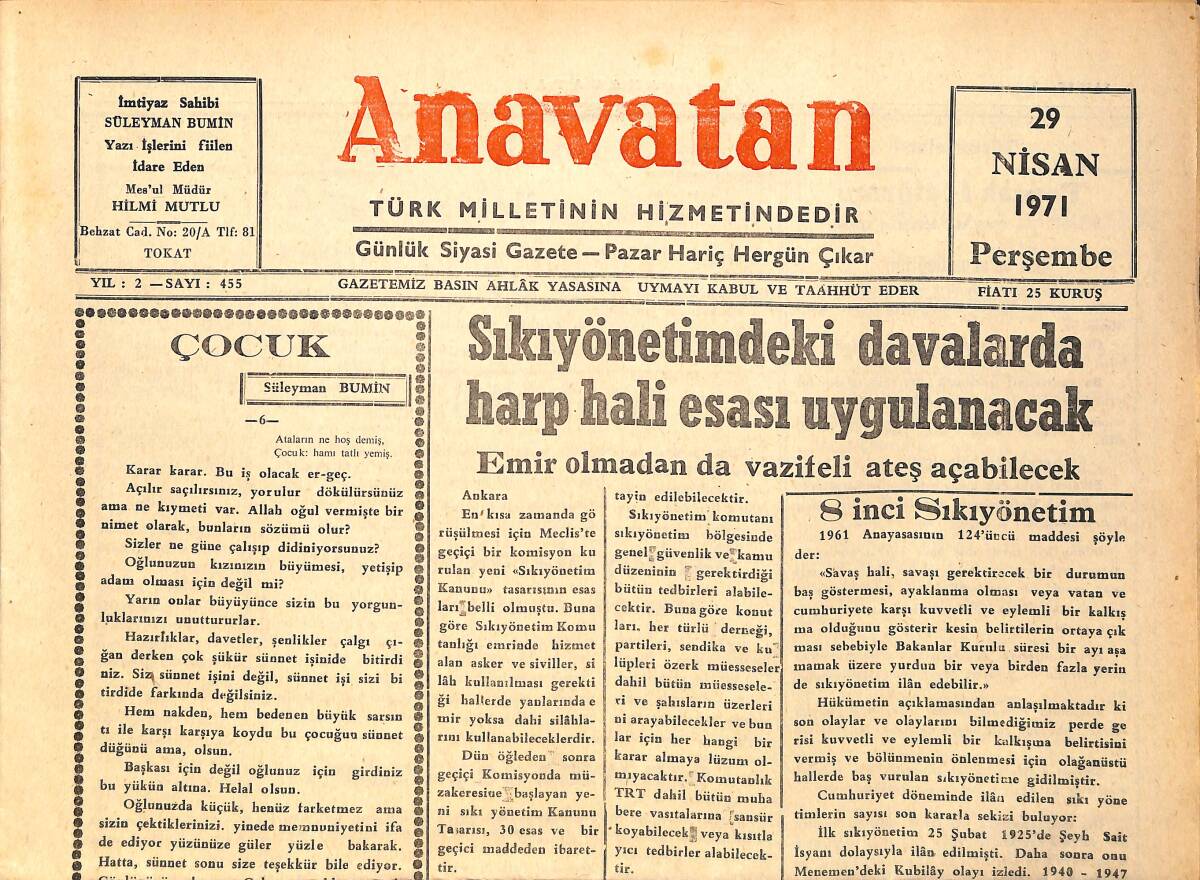 Anavatan Gazetesi 29 Nisan 1971 - Sıkıyönetimdeki Davalarda Harp Hali Esası Uygulanacak GZ157917 - 1