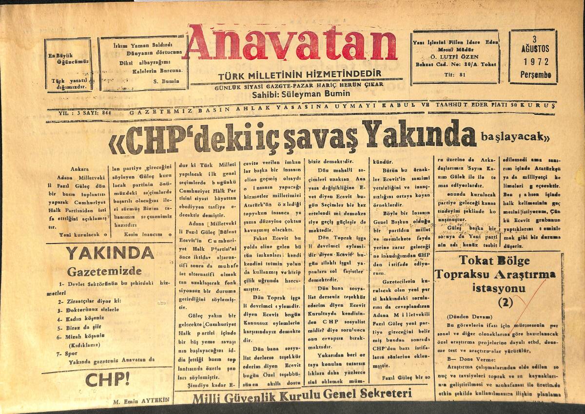 Anavatan Gazetesi 3 Ağustos 1972 - Yunanistan'da Kabine Değişti - CHP'deki İç Savaş Yakında Başlayacak GZ158915 - 1