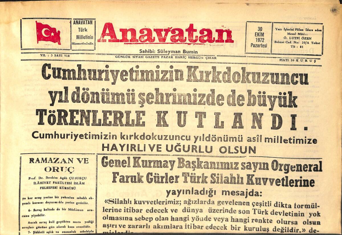 Anavatan Gazetesi 30 Ekim 1972 - Cumhuriyetimizin 49. Yıldönümü Şehrimizde de Büyük Törenlerle Kutlandı GZ158912 - 1
