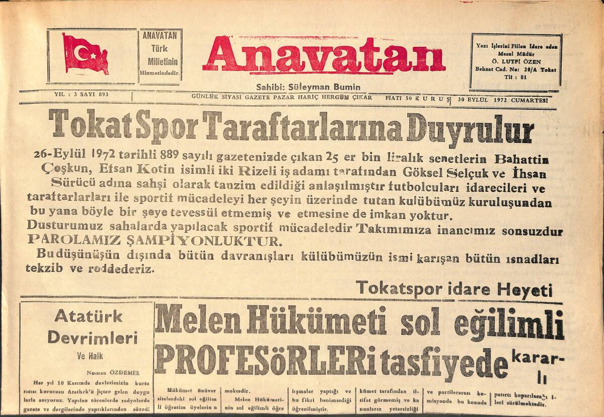 Anavatan Gazetesi 30 Eylül 1972 - Dünya Bankası Çorum'a Meyvecilik İçin 4 Milyon Lira Kredi Verecek GZ158895 - 1