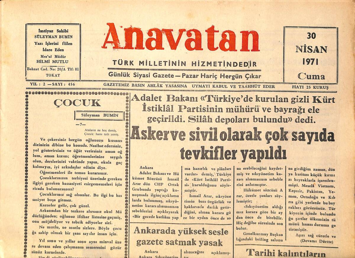 Anavatan Gazetesi 30 Nisan 1971 - Yunus Emre 125 Ülkede Anılacak GZ157918 - 1