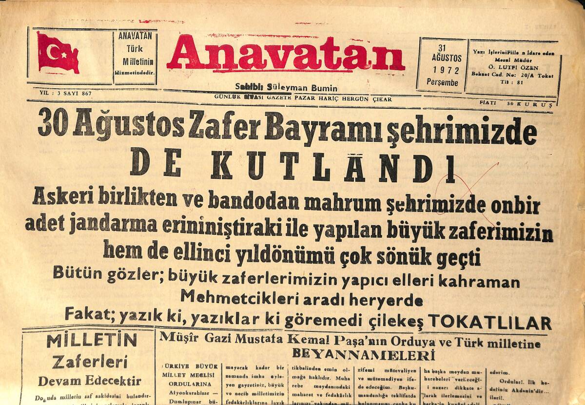 Anavatan Gazetesi 31 Ağustos 1972 - Müşir Gazi Mustafa Kemal Paşa'nın Orduya ve Türk Milletine Beyannameleri GZ158940 - 1