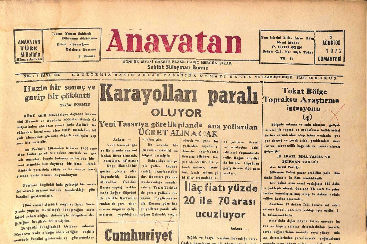 Anavatan Gazetesi 5 Ağustos 1972 - Karayolları Paralı Oluyor - Tokat Bölge Toprak Su Araştırma İstasyonu GZ158876 - 1