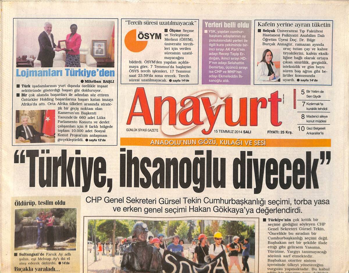 Anayurt Gazetesi 15 Temmuz 2014 - CHP Genel Sekreteri Gürsel Tekin 