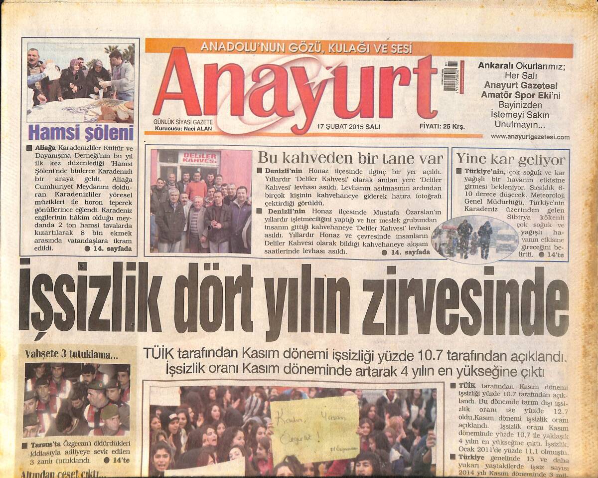 Anayurt Gazetesi 17 Şubat 2015 - Kira Geliri Beyan Dönemi Başlıyor - Afyonkarahisar'da Yolcu Otobüsü Devrildi 33 Yaralı GZ159097 - 1