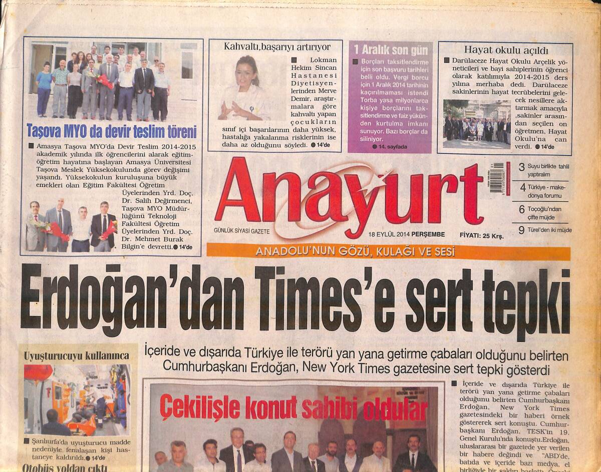 Anayurt Gazetesi 18 Eylül 2014 - Erdoğan'dan Times'e Sert Tepki - Trabzon Acıbadem Cup'ta GZ159749 - 1