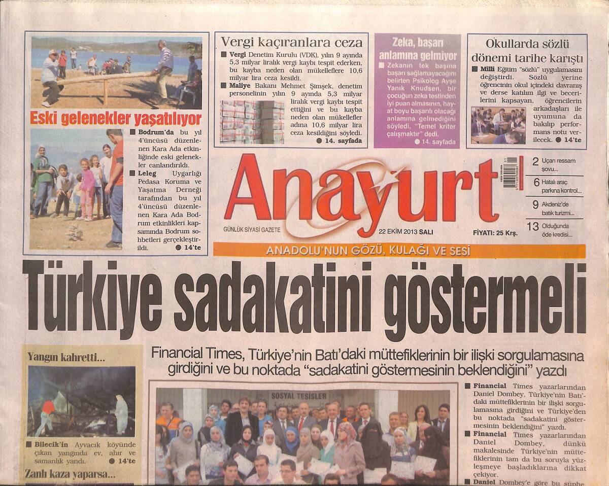 Anayurt Gazetesi 22 Ekim 2013 - Suriyeli Gençler İçin Türkçe Dil Kursu - Kayseri Şeker Fabrikasında Almanya Çıkarması - Fenerbahçe Emenike İle Güldü GZ136354 - 1