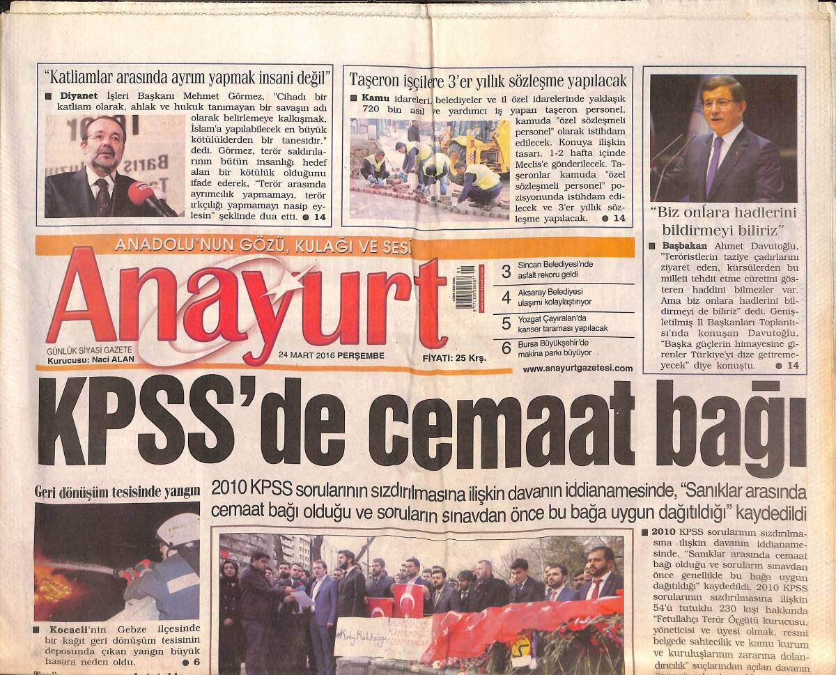 Anayurt Gazetesi 24 Mart 2016 - KPSS'DE Cemaat Bağı - Sadri Alışık Ödülleri Sahiplerini Buldu GZ136415 - 1