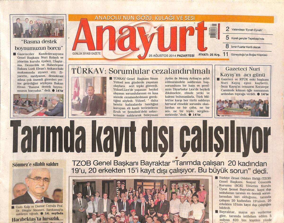 Anayurt Gazetesi 25 Ağustos 2014 - Ahıska Türkü Öğrencileri Başkent'te - Muazzez Ersoy Konser Verdi - TSK'nın Sağlıkçıları Yetişiyor GZ136344 - 1