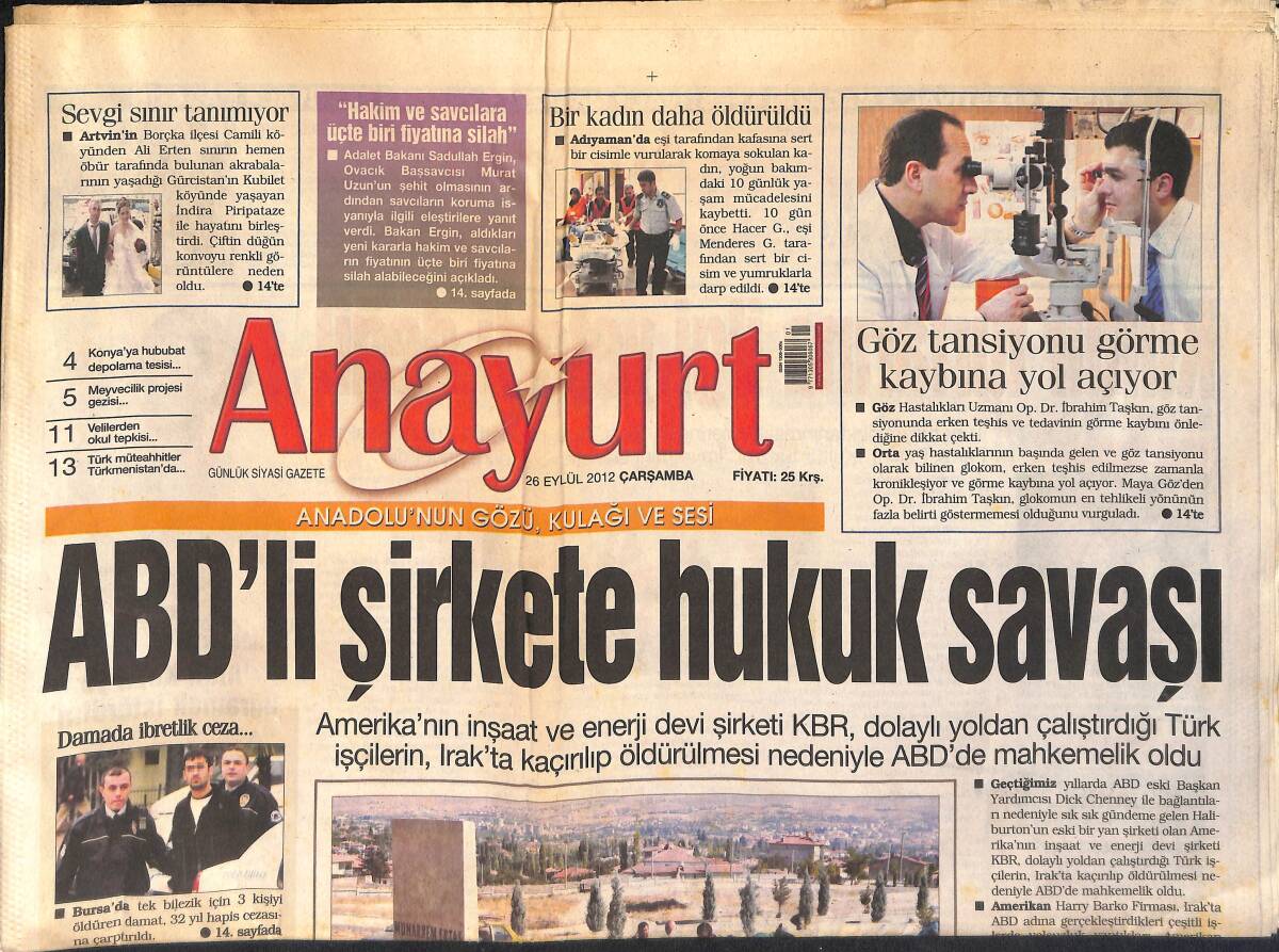 Anayurt Gazetesi 26 Eylül 2012 - TSK'dan Balyoz Yorumu - Sertab'a Erener'e Eurovision Ambargosu GZ159083 - 1