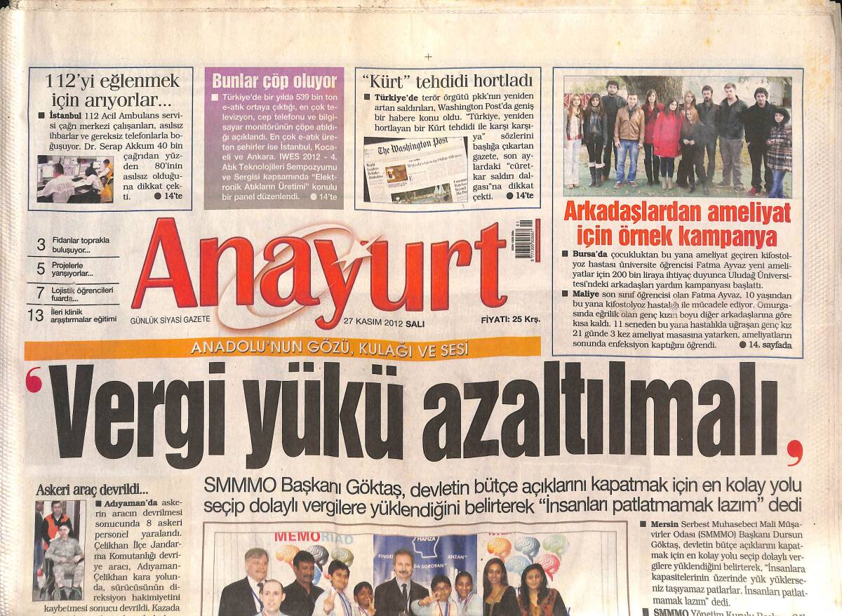 Anayurt Gazetesi 27 Kasım 2012 - Kürt Tehdidi Hortladı - Ankara Gripinle Felekten Gece Geçirdi GZ136352 - 1