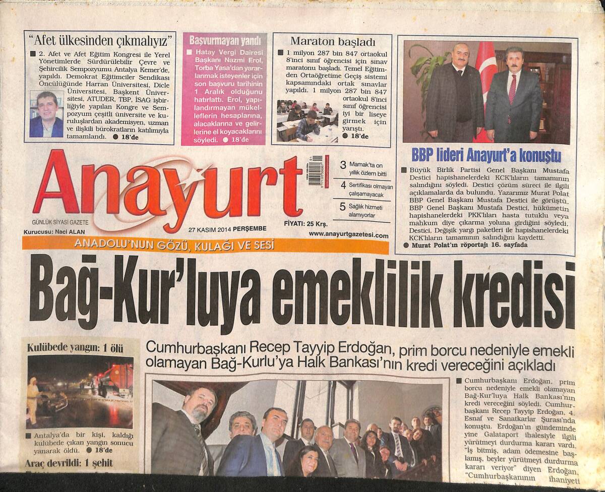 Anayurt Gazetesi 27 Kasım 2014 - Bağ-Kur 'luya Emeklilik Kredisi - Hülya Avşar'dan Nur Yerlitaş'a Ağır Yanıt! GZ136904 - 1