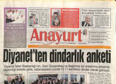Anayurt Gazetesi 29 Aralık 2012 - Diyanetten Dindarlık Anketi, Deniz Seki Yolları Ayırdı GZ107567 - 1