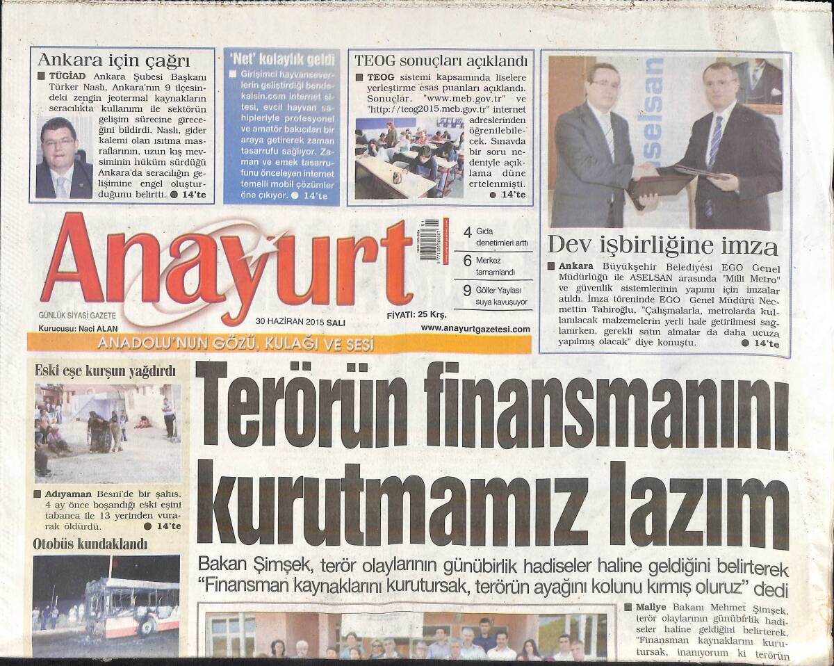 Anayurt Gazetesi 30 Haziran 2015 - Bursaspor'da Emre Belözoğlu Bombası - Avrupa'da Tekvando Şampiyonu Olduk GZ159752 - 1
