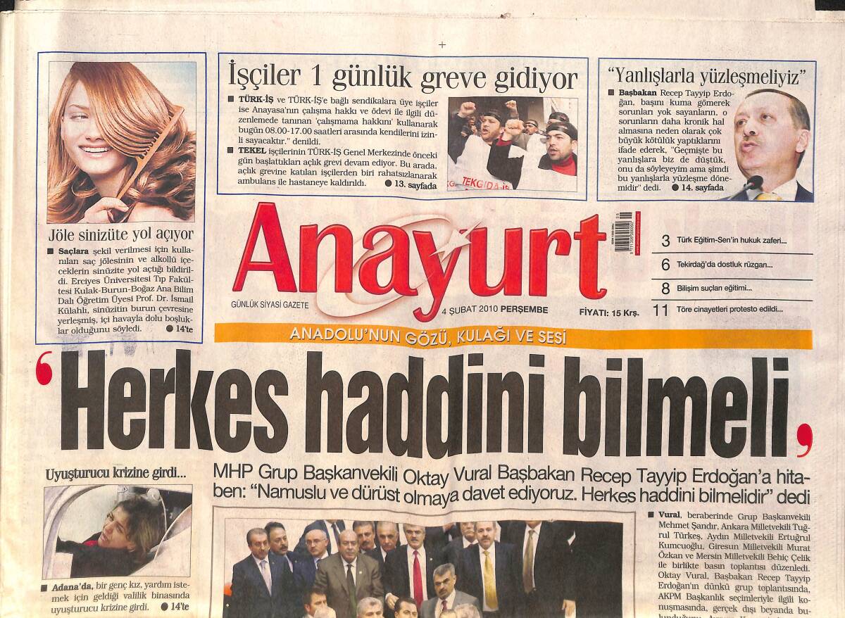 Anayurt Gazetesi 4 Şubat 2010 - Türk-İş'e Bağlı İşçiler 1 Günlük Greve Gidiyor - Anjelika Akbar, 5 Şubat'ta İstanbul'da GZ159059 - 1