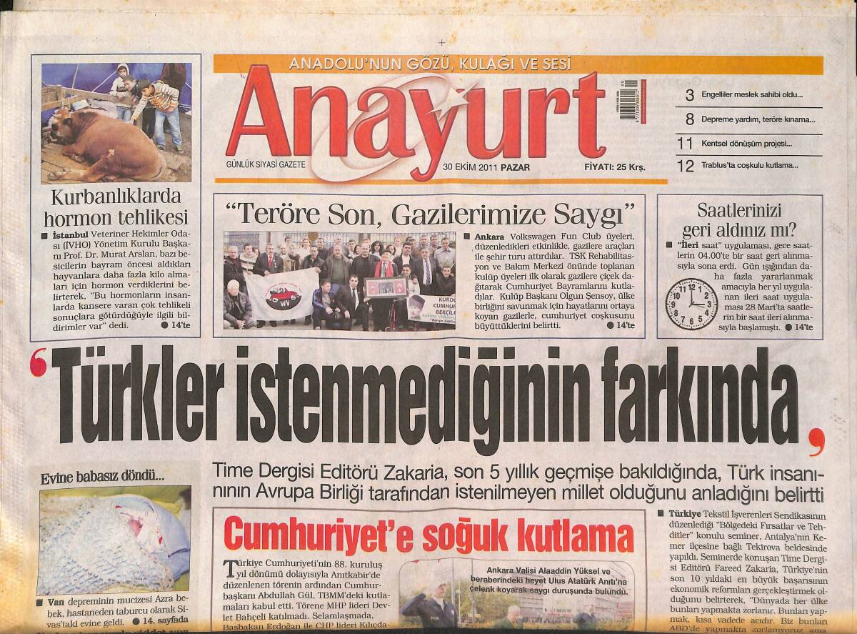 Anayurt Gazetesi 30 Ekim 2011 - Cumhuriyet'e Soğuk Kutlama - Bingöl'de Canlı Bomba Paniği - Amasya'nın Gururu Nuri Zengin GZ136226 - 1