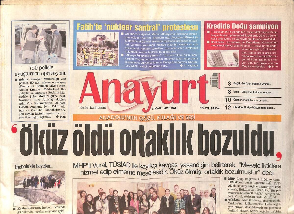 Anayurt Gazetesi 6 Mart 2012 - Sezen Aksu, Ankara'da Burslu Öğrenciler Yararına Konser Verecek - Ankara Yargıtay Binasının Önünde Patlama Gerçekleşti GZ159077 - 1