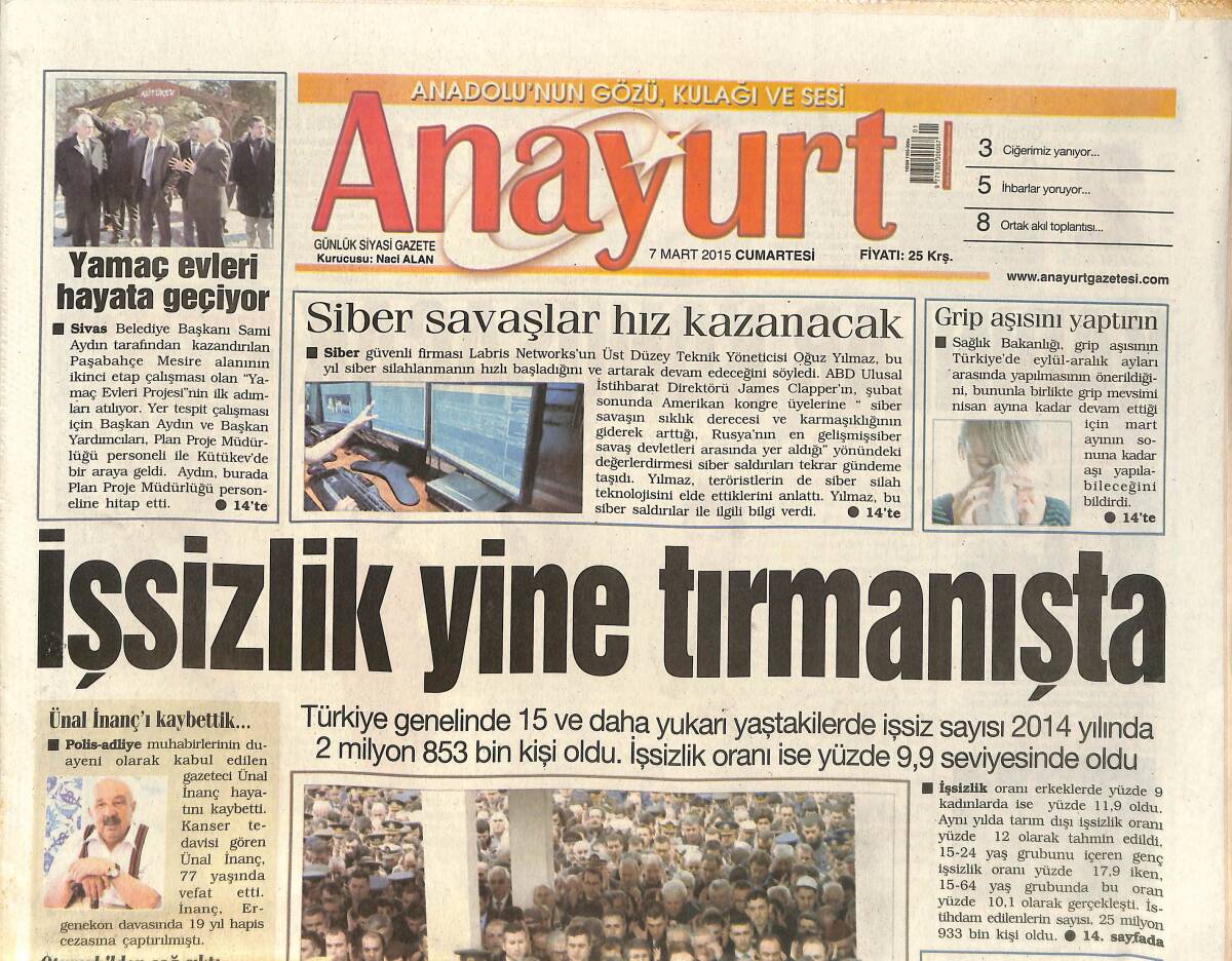 Anayurt Gazetesi 7 Mart 2015 - Yılmaz Güney'in Kızı Günet Pütün'ün Açtığı Davada Fatoş Güney Mahkemeye Gelmezse Hakkında Yakalama Kararı Çıkacak GZ159048 - 1