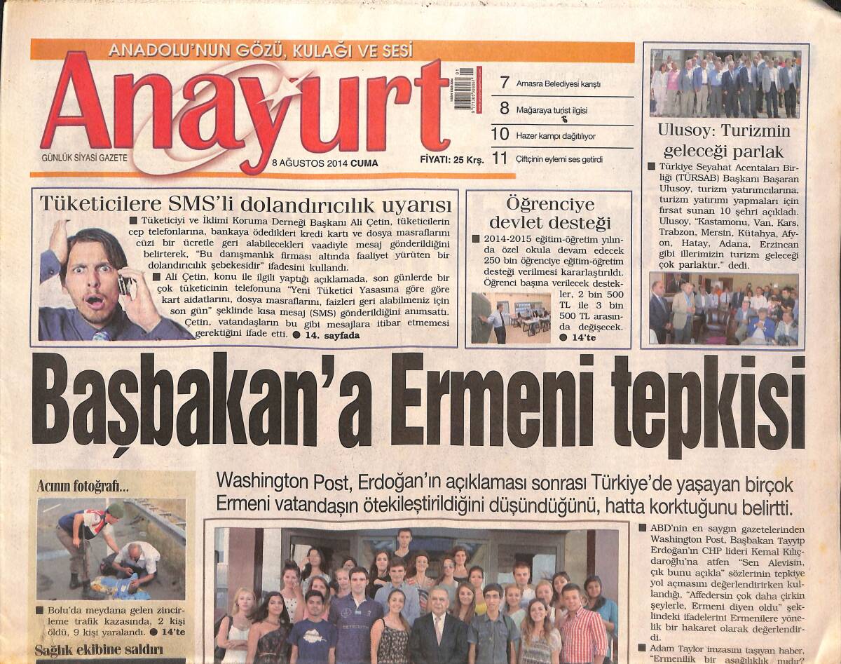 Anayurt Gazetesi 8 Ağustos 2014 - Başbakan'a Ermeni Tepkisi - Candan Erçetin Rüzgarı - Demba Ba, Uçurdu! GZ136426 - 1