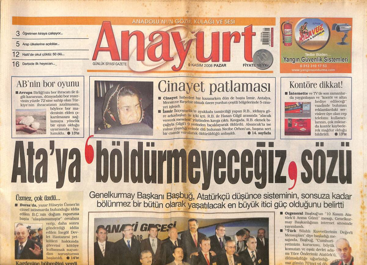 Anayurt Gazetesi 9 Kasım 2008 - PKK'dan Obama'ya Mektup - Hizbullahçılar Sorguda GZ157841 - 1