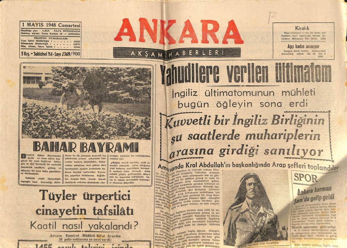 Ankara Gazetesi 1 Mayıs 1948 - Yahudilere Verilen Ültimatom - Ankara Karması Şam'da Galip Geldi GZ141409 - 1