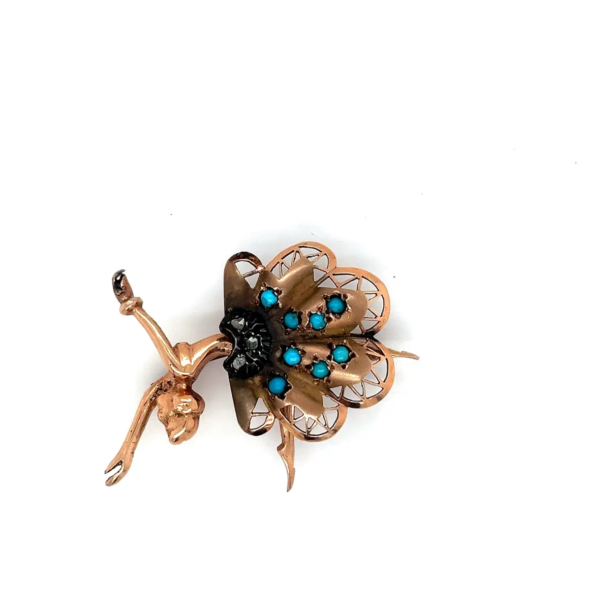 Antika 14 Ayar Altın Firuze ve Elmas Taşlı Balerin Figürlü Broş – 9.93 Gr #14 - 3