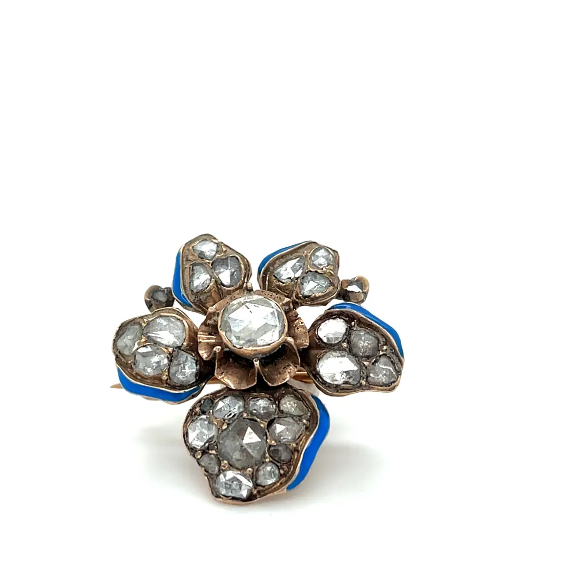 Antika 14 Ayar Altın Mine Detaylı Elmas Taşlı Çiçek Broş – 27 Elmas – 7.65 Gr #23.32 - 2