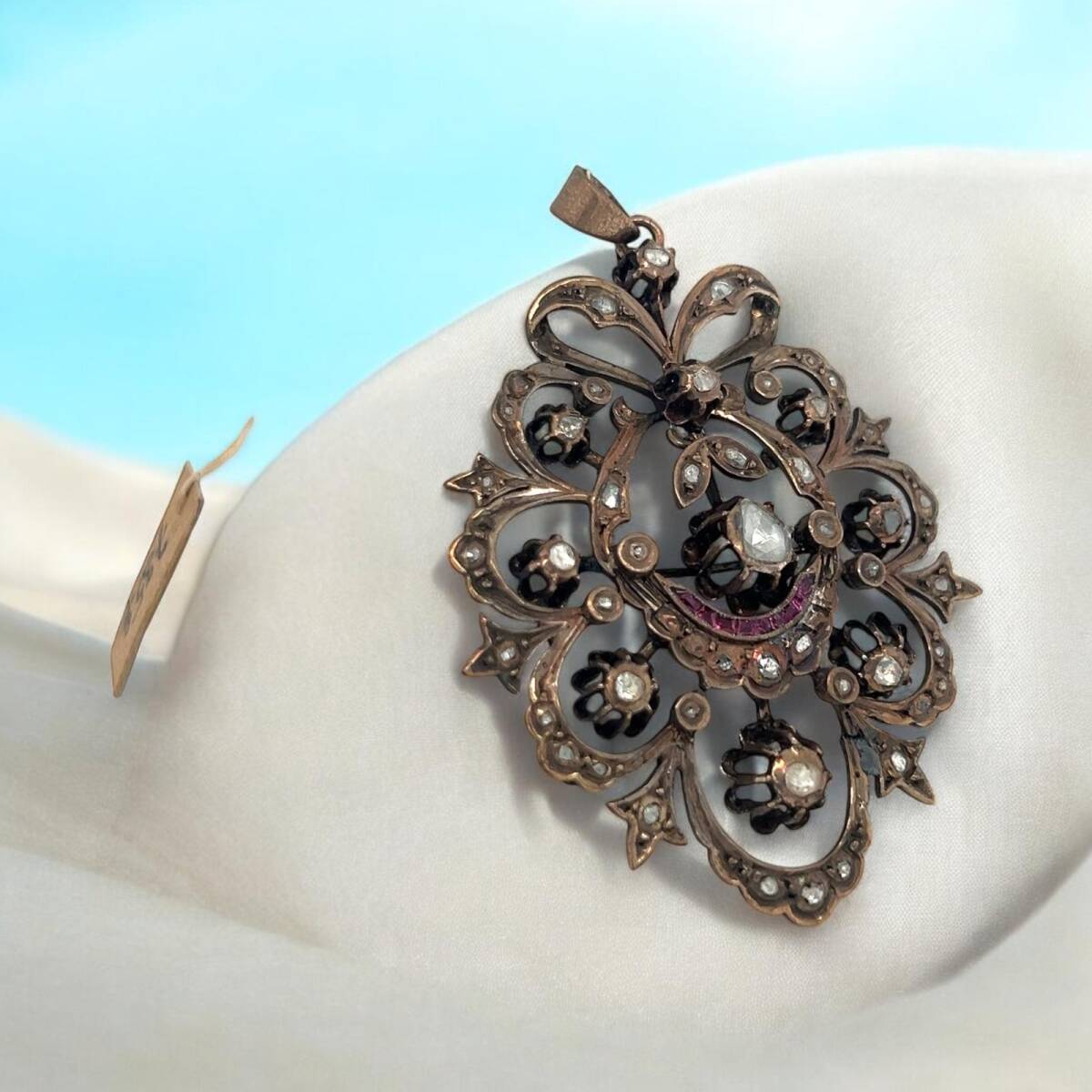 Antika 14 Ayar Elmas ve Yakut Taşlı Kolye Ucu ELM351 #10 - 2