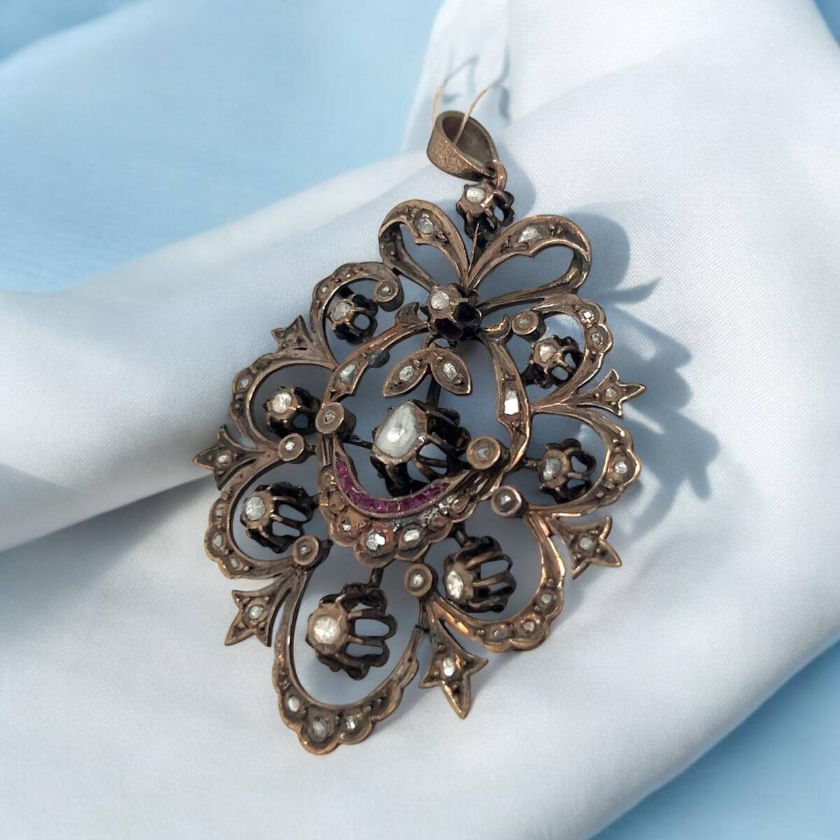 Antika 14 Ayar Elmas ve Yakut Taşlı Kolye Ucu ELM351 #10 - 3