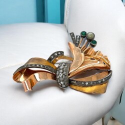 Antika 14 Ayar Elmas ve Zümrüt Taşlı Broş ELM082 - Gökçekoleksiyon