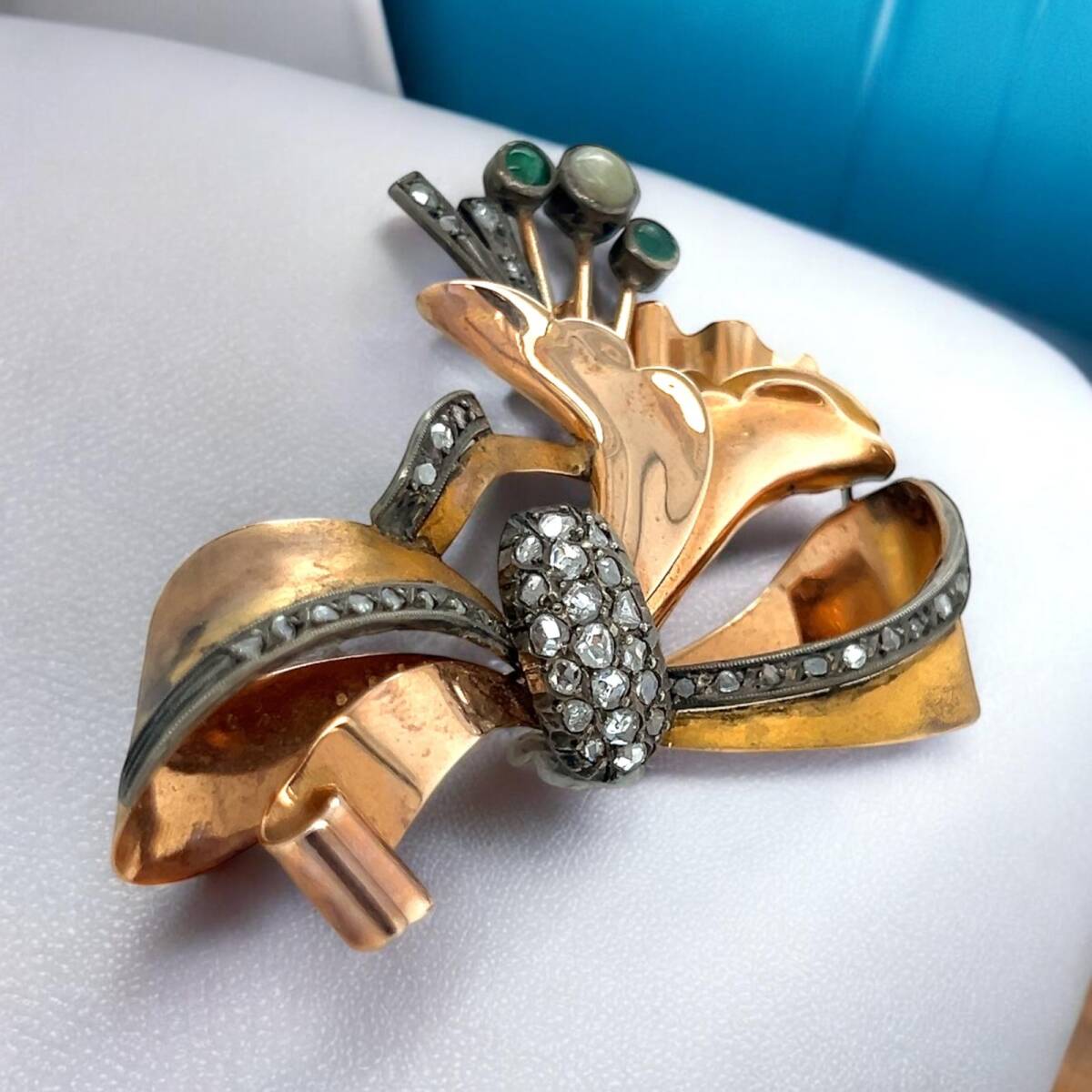 Antika 14 Ayar Elmas ve Zümrüt Taşlı Broş ELM082 - 2