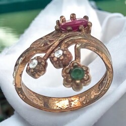 Antika Elmas Yakut ve Zümrüt Taşlı 8 Ayar Altın Yüzük ELM211 #2.90 - 3