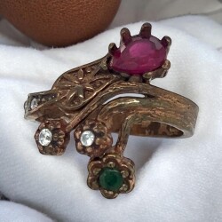 Antika Elmas Yakut ve Zümrüt Taşlı 8 Ayar Altın Yüzük ELM211 #2.90 - 4