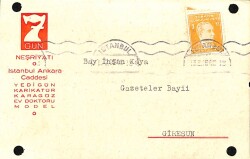 Antiye - 1940 7 Gün Neşriyatı (Karagöz, Karikatür, Ev Doktoru) İş Yeri Kartı Postadan Geçmiş Antiye EFM7512 - 1