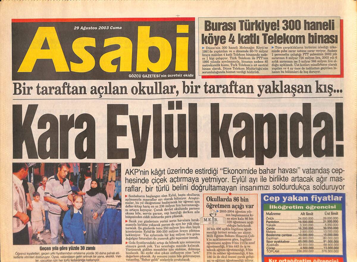 Asabi Gazetesi 29 Ağustos 2003 - Kara Eylül Kapıda - 70 Yıllık THY Tekeli Bitti - Didem Uzel 