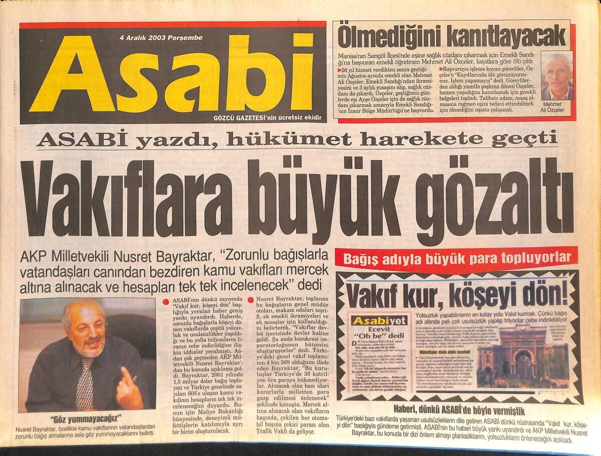 Asabi Gazetesi 4 Aralık 2003 - Vakıflara Büyük Gözaltı - Zeynep Tokuş 
