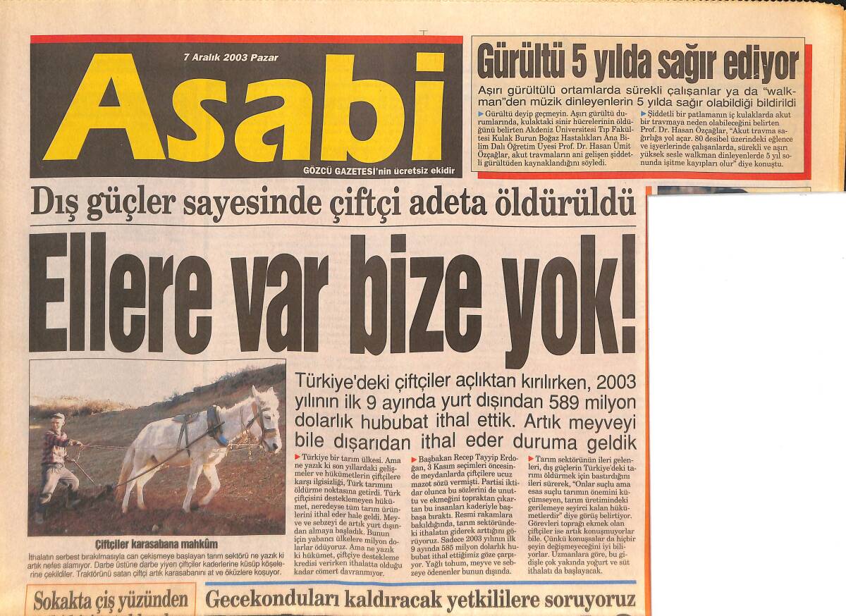 Asabi Gazetesi 7 Aralık 2003 - Dış Güçler Sayesinde Çiftçi Adeta Öldürüldü - Yeşim Büber 
