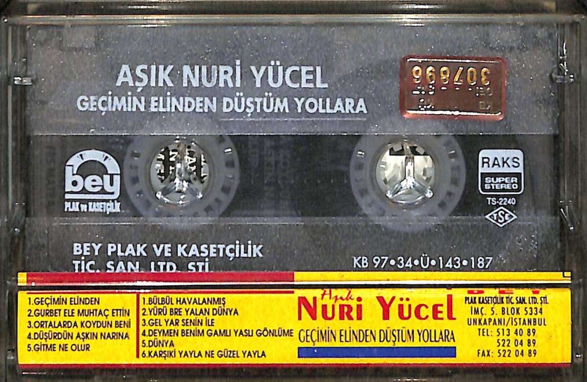 Aşık Nuri Yücel - Geçimin Elinden Düştüm Yollara Kaset (İkinci El) KST27996 - 2