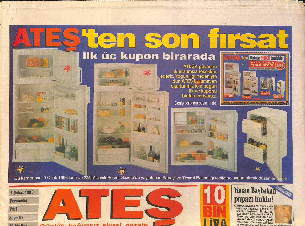 Ateş Gazetesi 1 Şubat 1996 - Sabancı'da İki Brütüs - Yunan Başbakan Papazı Buldu GZ2552 - 1