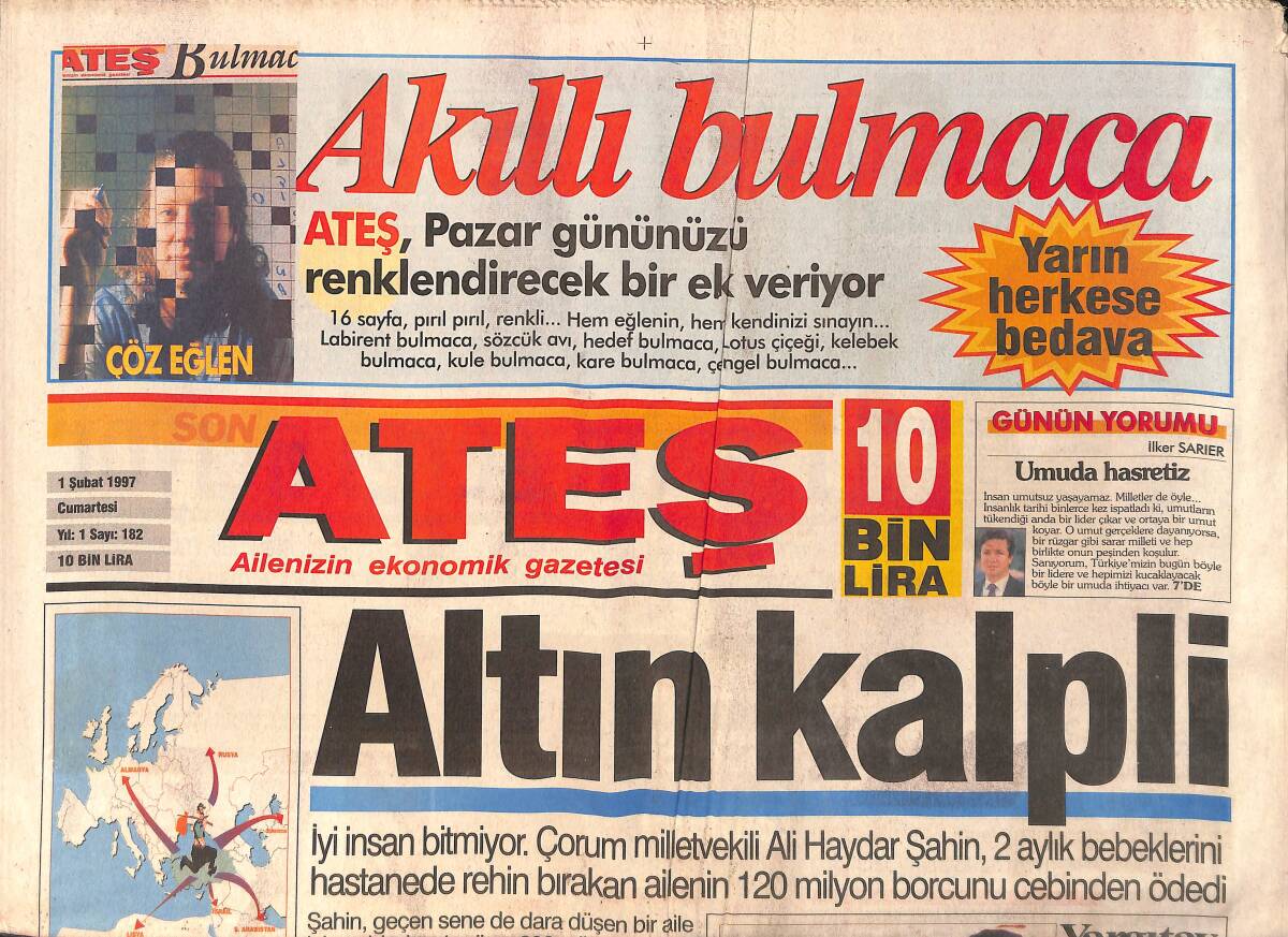 Ateş Gazetesi 1 Şubat 1997 - Sergen Yalçına, Ebru Şallı'dan Aşk Markajı - Özcan Deniz'in Kıyafetleri Arabasından Çalındı GZ158309 - 1