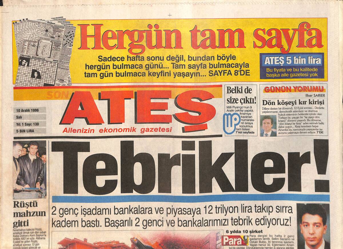 Ateş Gazetesi 10 Aralık 1996 - Beşiktaş'ta Soğuk Savaş - Gülşen, Pijama Gidince Cevher Göründü GZ3153 - 1