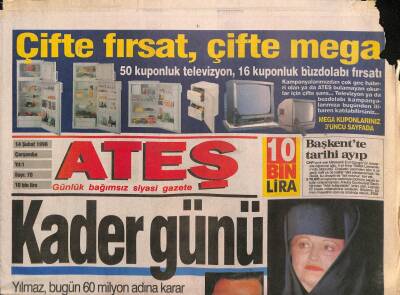 Ateş Gazetesi 14 Şubat 1996 - Yılmaz , Bugün 60 Milyon Adına Karar Verecek - Başkentte Tarihi Ayıp GZ93570 - 1