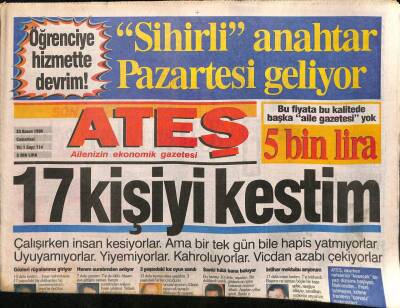Ateş Gazetesi 23 Kasım 1996 - İbo Show 1 Numara - ABDde Uçak Kazası GZ92150 - 1