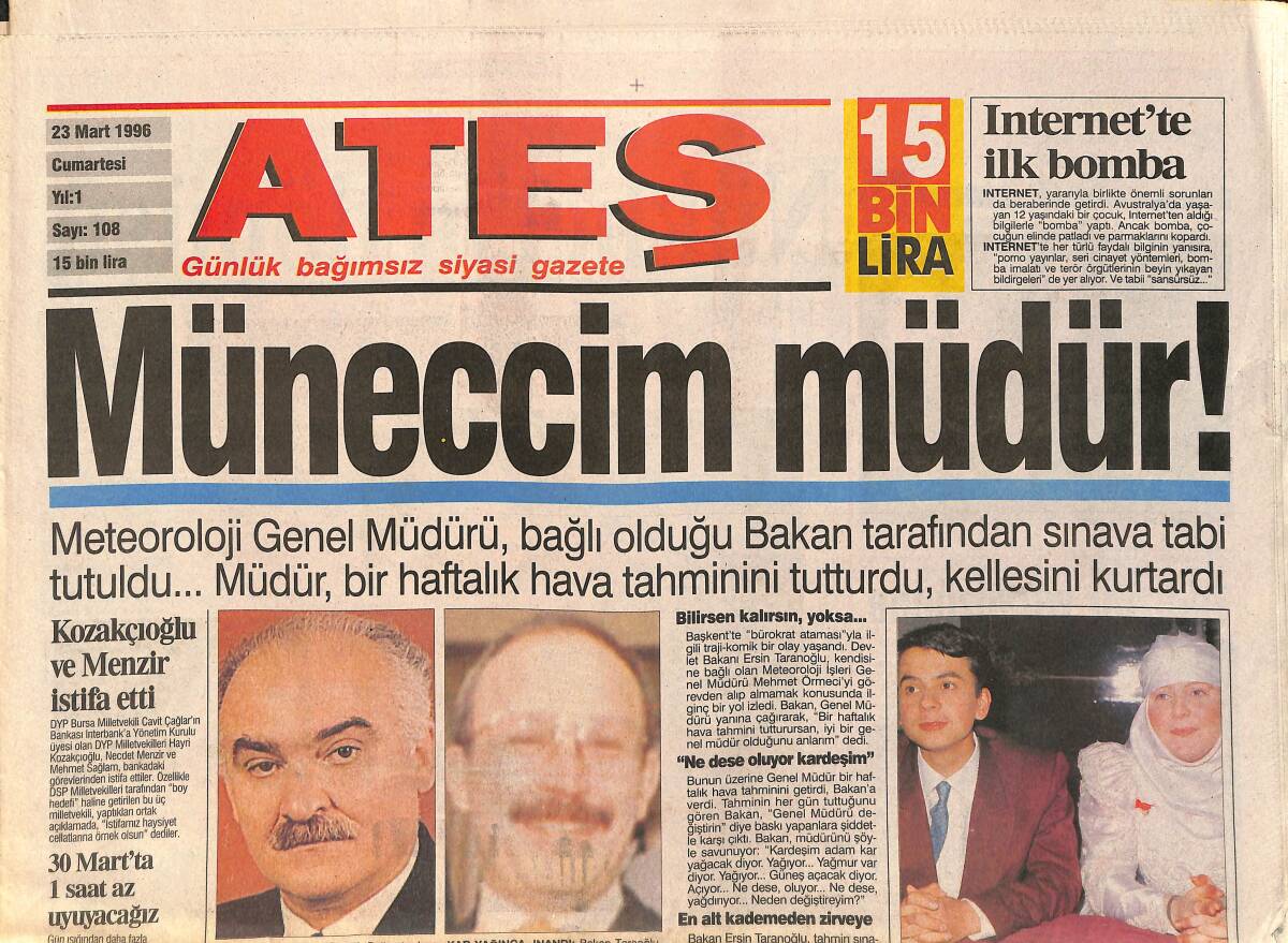 Ateş Gazetesi 23 Mart 1996 - Nükhet'in Dönüşü - Pınar Altuğ Antalya'da GZ3373 - 1