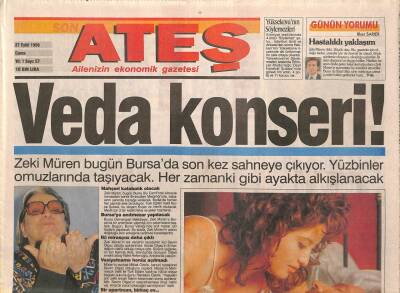 Ateş Gazetesi 27 Eylül 1996 - Zeki Müren Bugün Bursada Son Kez Sahneye Çıkıyor GZ90459 - 1