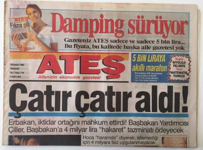 Ateş Gazetesi 28 Kasım 1996 - Erbakan Çillerden 4 Milyar Hakaret Tazminatı Alacak GZ20511 - 1