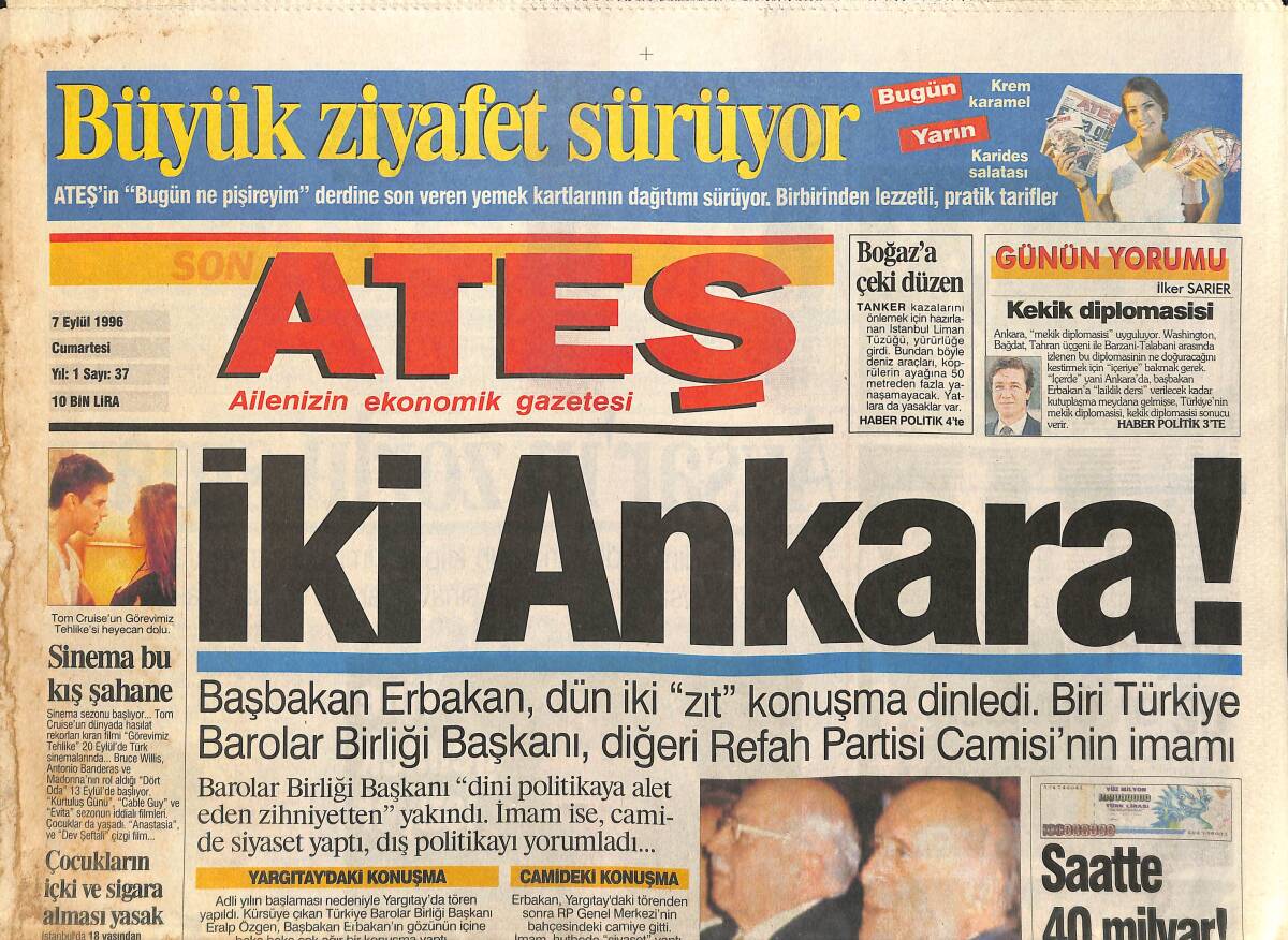Ateş Gazetesi 7 Eylül 1996 - Trabzon Şov Yaptı - Avşar'ın Zorlu Sınavı GZ3852 - 1
