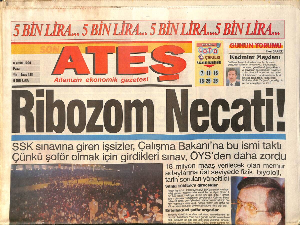 Ateş Gazetesi 8 Aralık 1996 - Evren'e Popo Şov - Galatasaray'da Liderlik Keyfi GZ2548 - 1