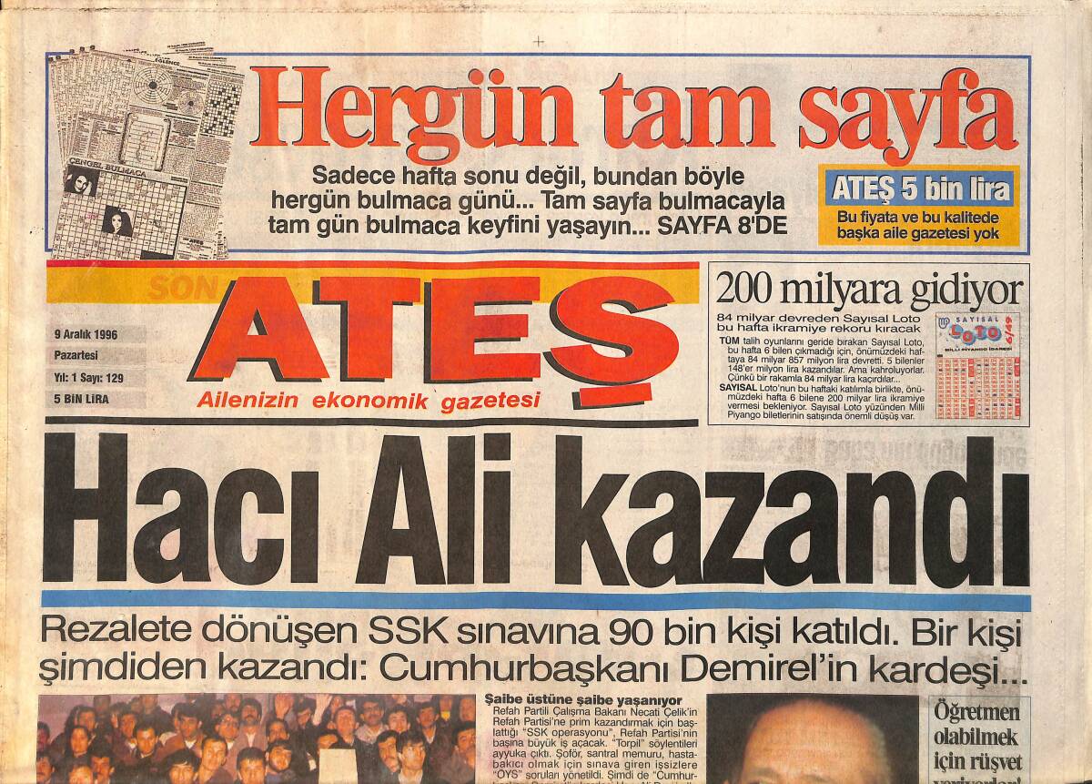 Ateş Gazetesi 9 Aralık 1996 - Hacı Ali Kazandı - Türkeş'in Efeliği Tuttu GZ2547 - 1