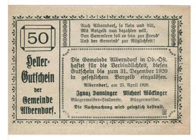 Avusturya 50 Heller 1920 ÇİL *Alberndorf* YKP5784 - 2